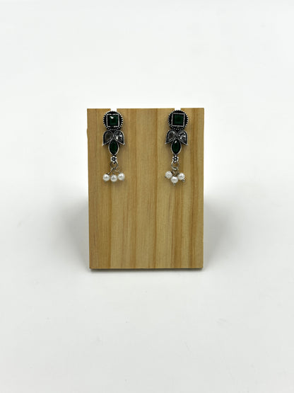 Traditional Oxidised Silver Green Stone Necklace Set with Matching Earrings