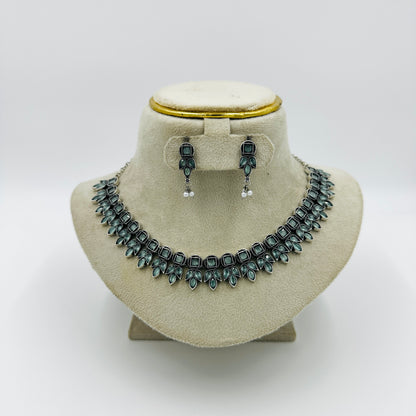 Oxidized Silver Green Stone Necklace Set with Earrings