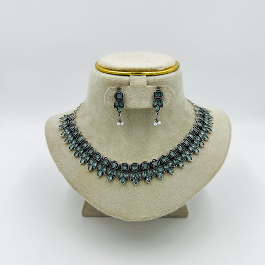 Oxidized Silver Green Stone Necklace Set with Earrings