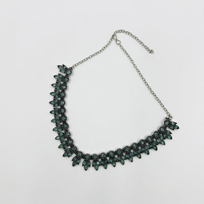 Oxidized Silver Green Stone Necklace Set with Earrings