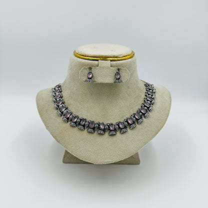 Pink Stone Antique Silver Necklace Set with Earrings