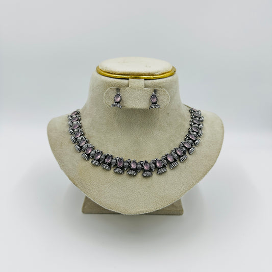 Pink Stone Antique Silver Necklace Set with Earrings