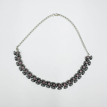 Pink Stone Antique Silver Necklace Set with Earrings