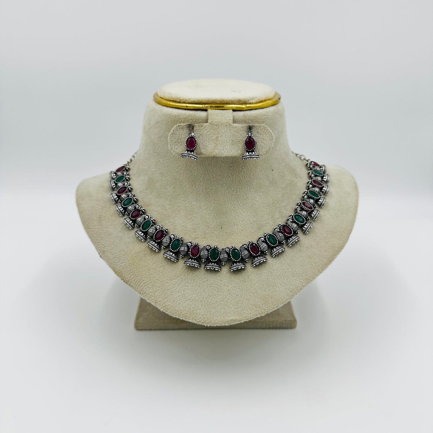 Antique Silver-Plated Red & Green Stone Necklace Set with Earrings