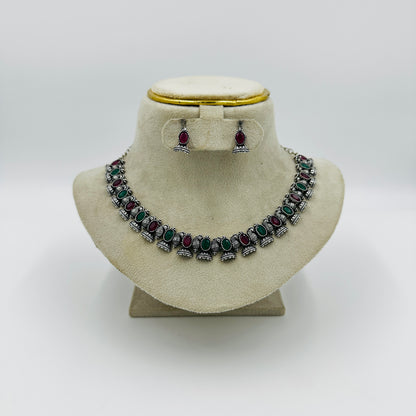 Antique Silver-Plated Red & Green Stone Necklace Set with Earrings