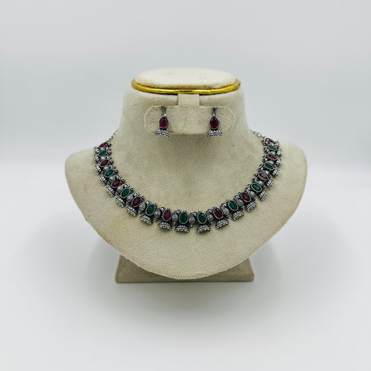 Antique Silver-Plated Red & Green Stone Necklace Set with Earrings