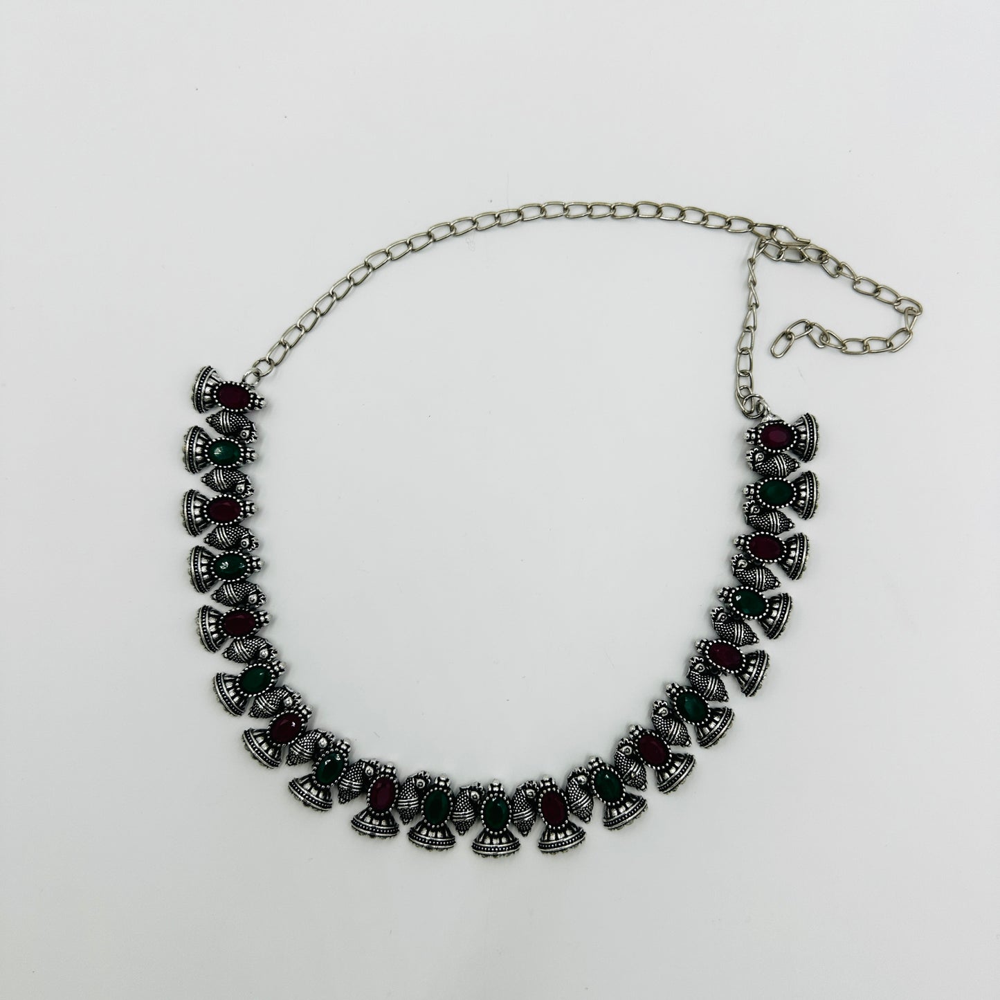 Antique Silver-Plated Red & Green Stone Necklace Set with Earrings