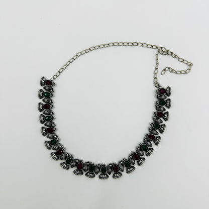 Antique Silver-Plated Red & Green Stone Necklace Set with Earrings