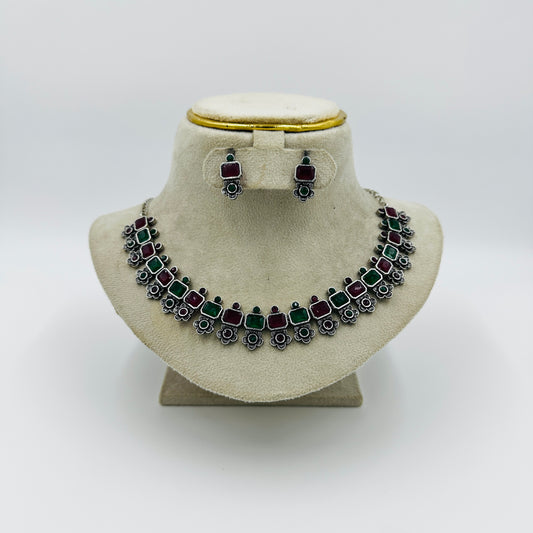 Dual-Tone Red & Green Stone Floral Necklace Set with Earrings