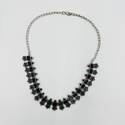 Dual-Tone Red & Green Stone Floral Necklace Set with Earrings
