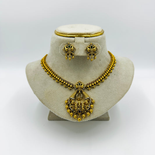 Antique Gold-Toned Temple Necklace Set with Earrings