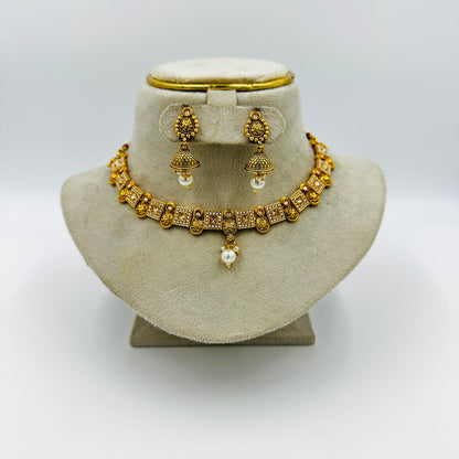 Antique Gold-Tone Jhumka Necklace Set with Earrings