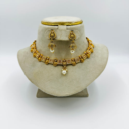 Antique Gold-Tone Jhumka Necklace Set with Earrings