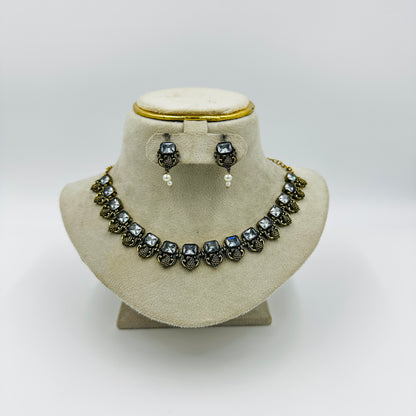 Antique Silver-Tone Choker Necklace Set with Earrings