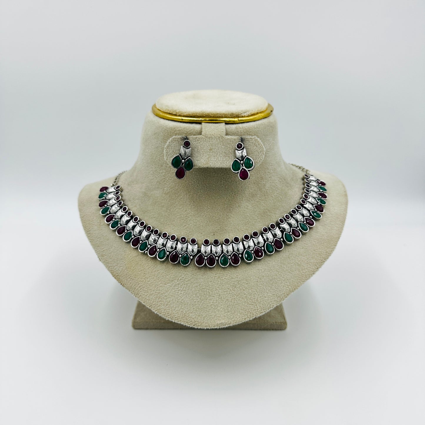 Dual-Tone Oxidized Silver Necklace Set with Red & Green Stones