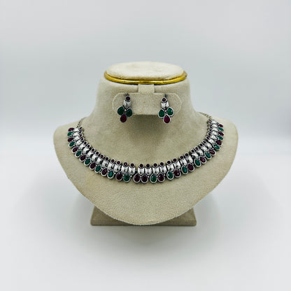 Dual-Tone Oxidized Silver Necklace Set with Red & Green Stones
