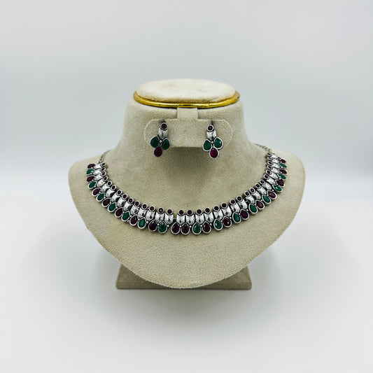Dual-Tone Oxidized Silver Necklace Set with Red & Green Stones