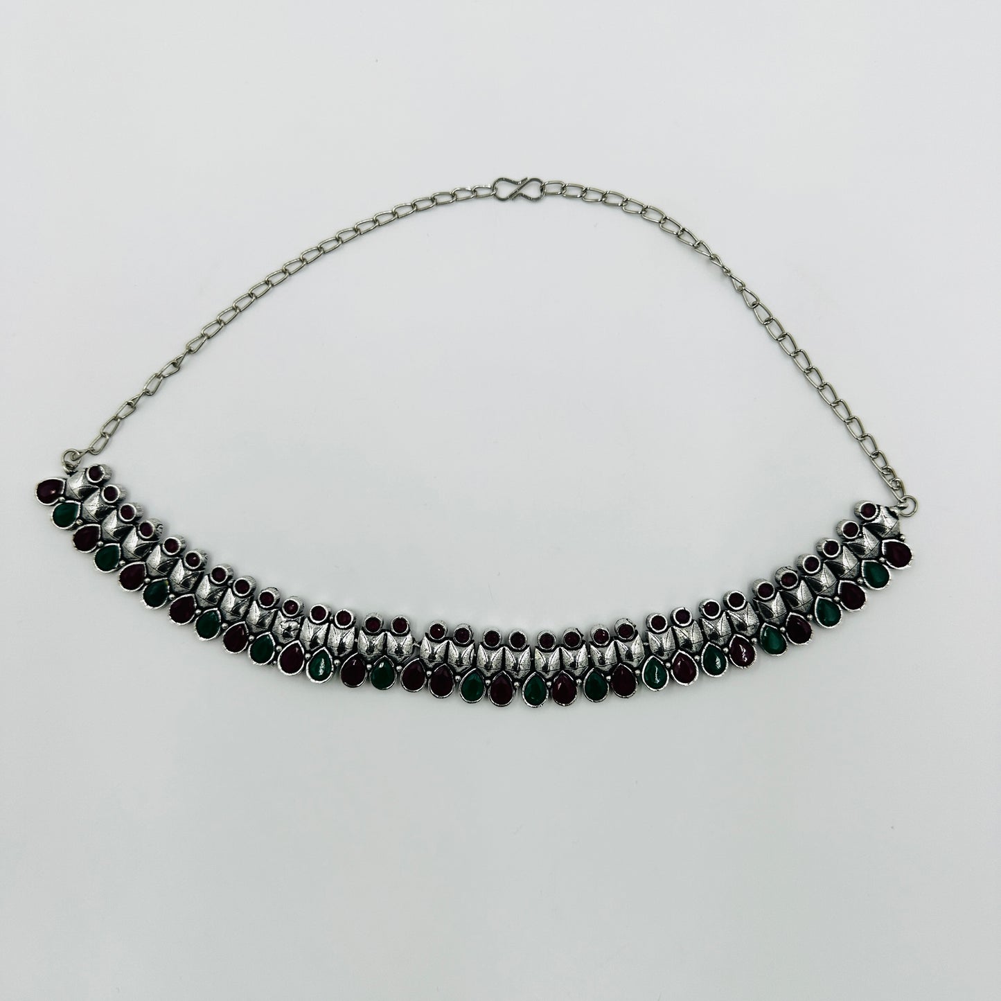 Dual-Tone Oxidized Silver Necklace Set with Red & Green Stones