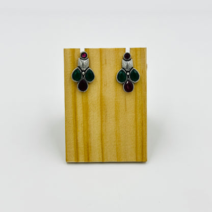 Dual-Tone Oxidized Silver Necklace Set with Red & Green Stones
