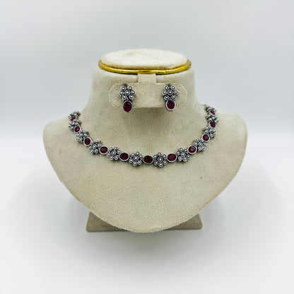 Oxidised Silver Ruby Red Stone Necklace Set with Earrings