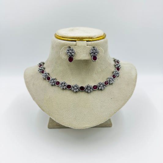Oxidised Silver Ruby Red Stone Necklace Set with Earrings