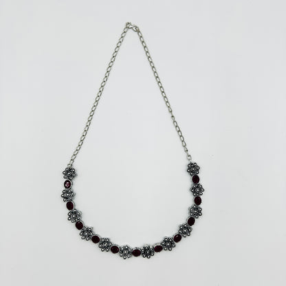 Oxidised Silver Ruby Red Stone Necklace Set with Earrings