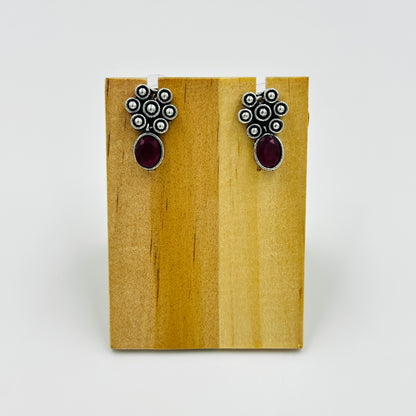 Oxidised Silver Ruby Red Stone Necklace Set with Earrings