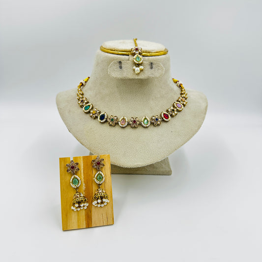Multicolor Kundan Necklace Set with Earrings & Maang Tikka