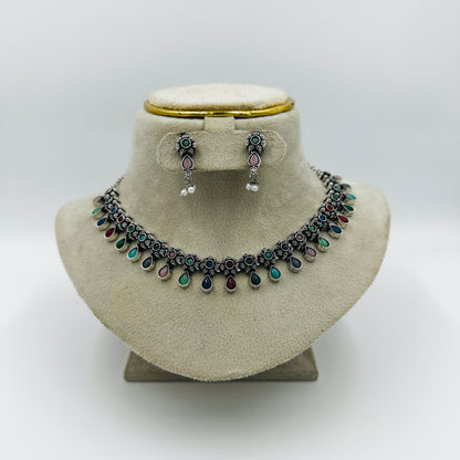 Oxidized Silver Multicolor Stone Necklace Set with Earrings