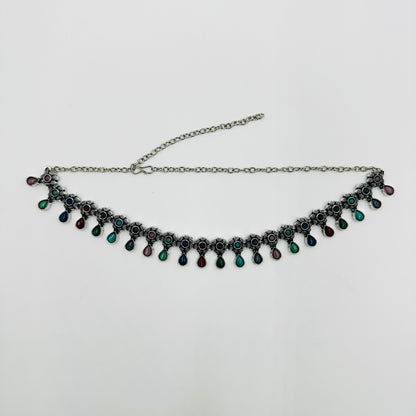 Oxidized Silver Multicolor Stone Necklace Set with Earrings