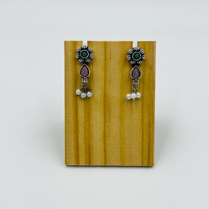 Oxidized Silver Multicolor Stone Necklace Set with Earrings