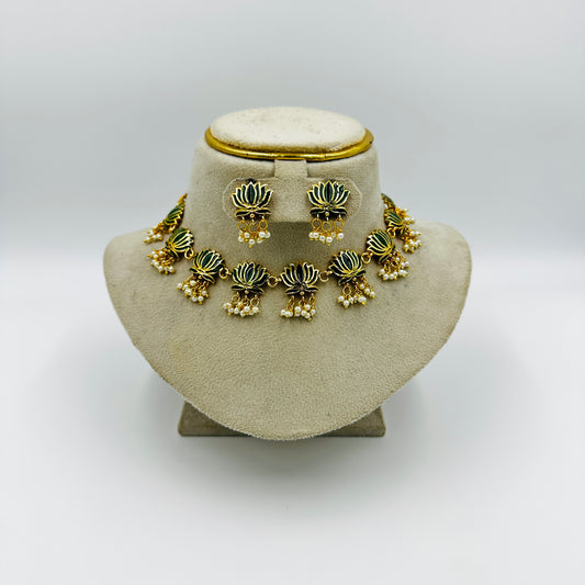 Green Lotus Enamel Necklace Set with Earrings