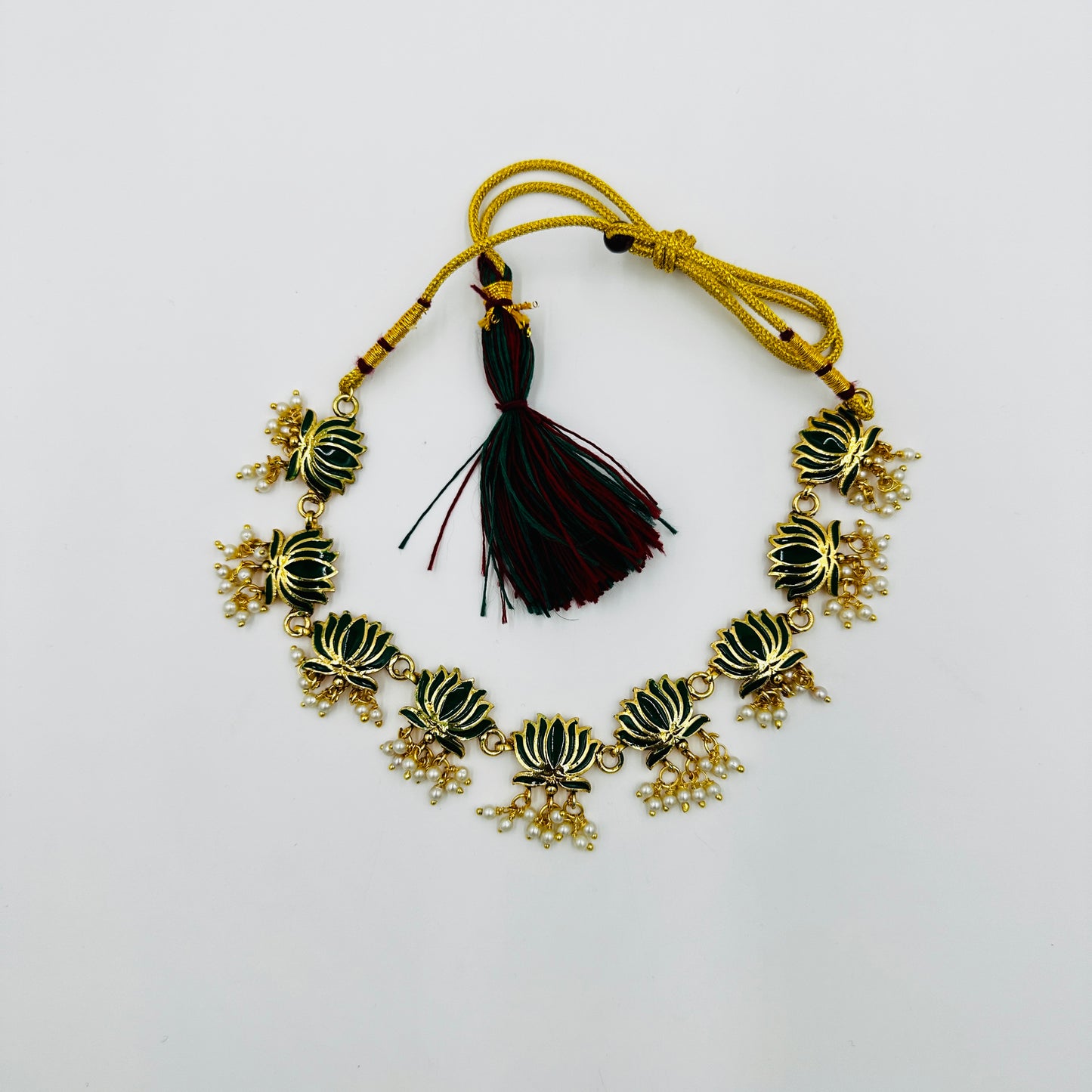 Green Lotus Enamel Necklace Set with Earrings