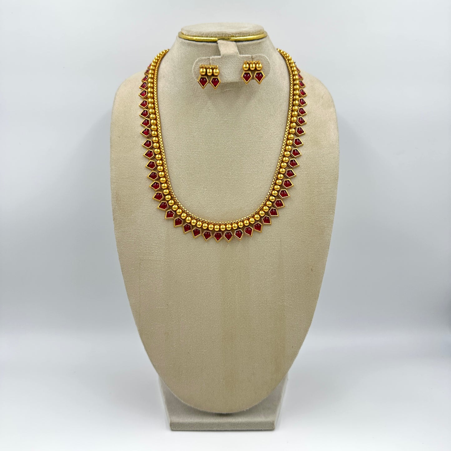 Gold & Red Stone Necklace Set with Matching Earrings