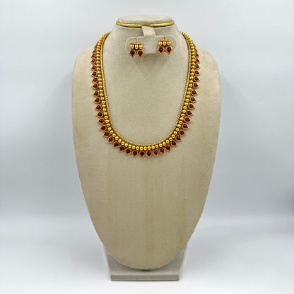 Gold & Red Stone Necklace Set with Matching Earrings