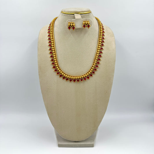 Gold & Red Stone Necklace Set with Matching Earrings