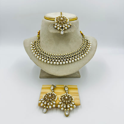 Pearl & Kundan Bridal Choker Necklace Set with Earrings & Maang Tikka