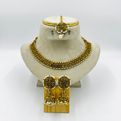 Gold-Plated Kundan & Pearl Beaded Choker Necklace Set with Earrings & Maang Tikka