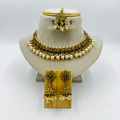 Gold-Plated Kundan & Pearl Choker Necklace Set with Earrings & Maang Tikka