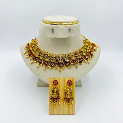 Antique Gold-Plated Temple Lakshmi Necklace Set with Earrings