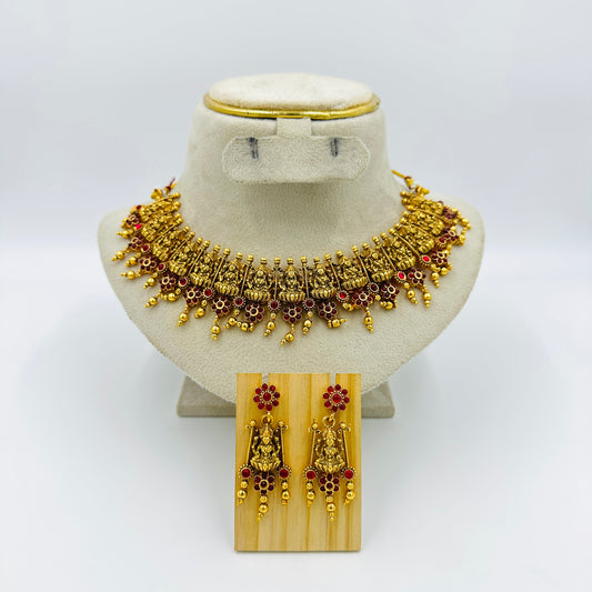Antique Gold-Plated Temple Lakshmi Necklace Set with Earrings