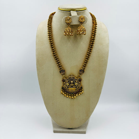 Antique Gold-Plated Temple Jewelry Necklace Set with Jhumka Earrings