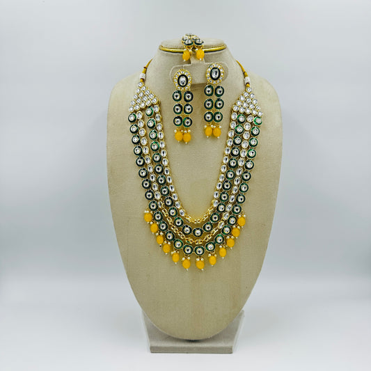Grand Multi-Layer Kundan Necklace Set with Yellow Beads, Earrings & Maang Tikka