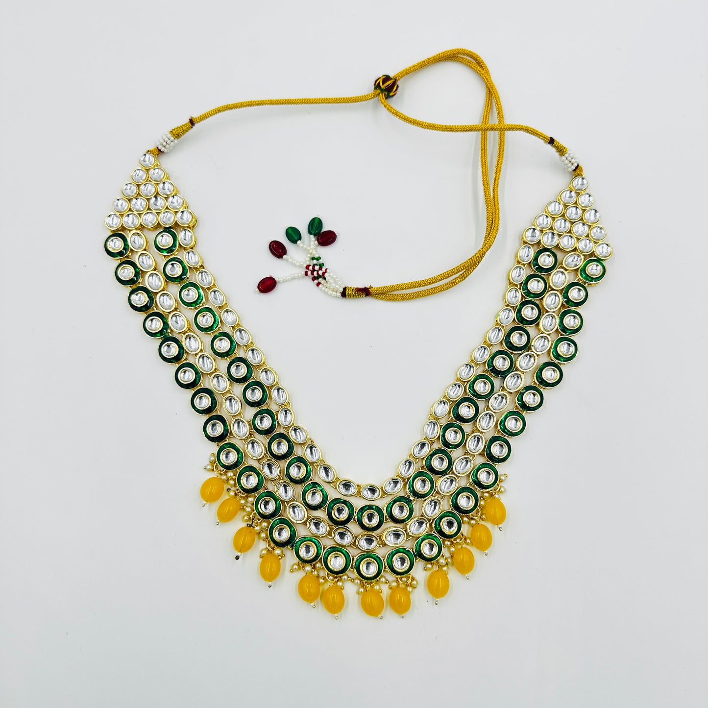 Grand Multi-Layer Kundan Necklace Set with Yellow Beads, Earrings & Maang Tikka