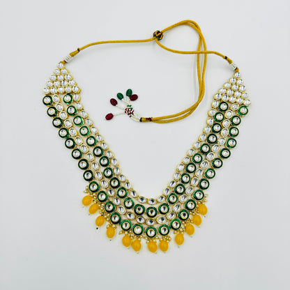 Grand Multi-Layer Kundan Necklace Set with Yellow Beads, Earrings & Maang Tikka