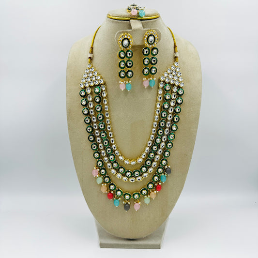 Green & White Kundan Long Earrings with Maang Tikka – Traditional Jewelry Set