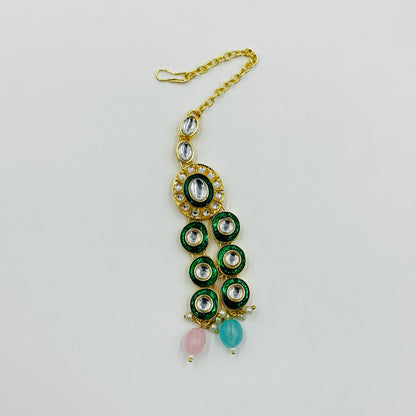 Green & White Kundan Long Earrings with Maang Tikka – Traditional Jewelry Set