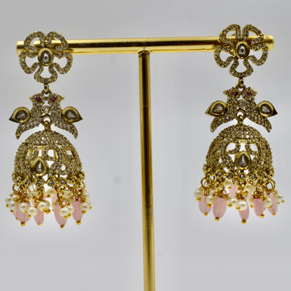Gold-Plated Pink Beaded Kundan Jhumka Earrings with Pearls