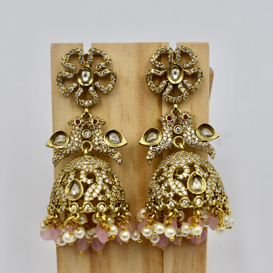 Gold-Plated Pink Beaded Kundan Jhumka Earrings with Pearls