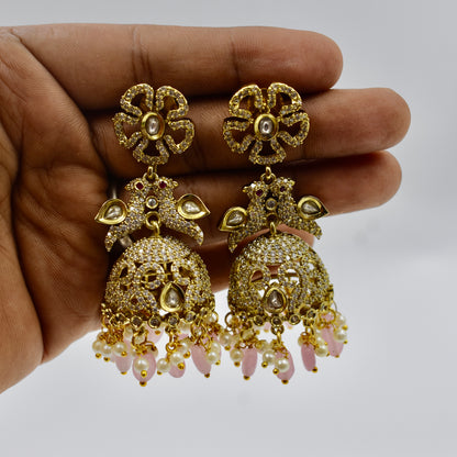 Gold-Plated Pink Beaded Kundan Jhumka Earrings with Pearls